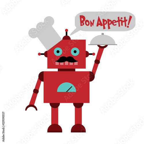 Vector illustration of a toy Robot in toque with mustache, plate and text Bon Appetit!