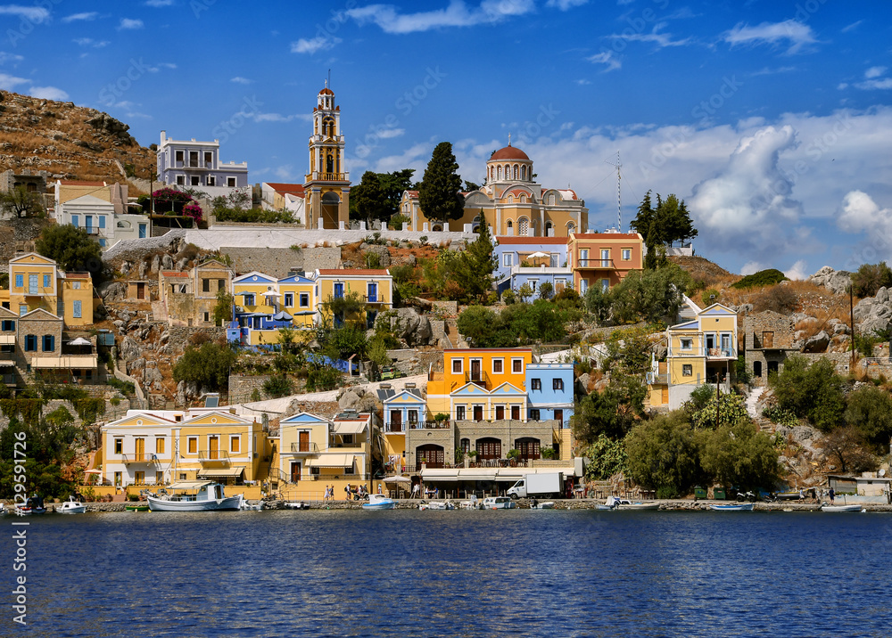 Church and houses of the Symi Island. Greece