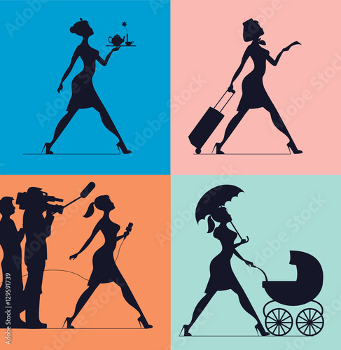 Hostess, waitress, babysitting, journalist. Silhouettes of women
