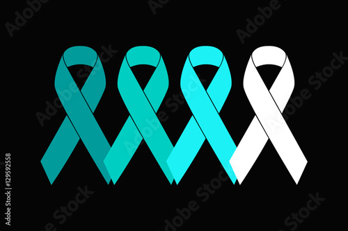 Flat teal ribbons symbols from white to dark teal over black background