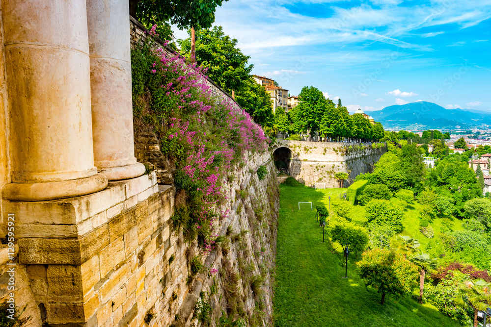 Φωτογραφία Panoramic view from Citta Alta, old town with columns of city gate and the wall of old castle covered with flowers