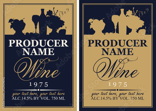 wine label set with the silhouette of a still life from bottles and bowl of fruit