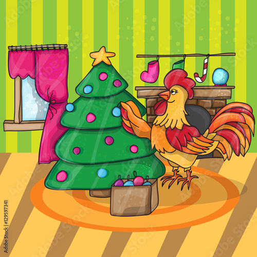 Cartoon cock with tree. Rooster. Vector illustration.