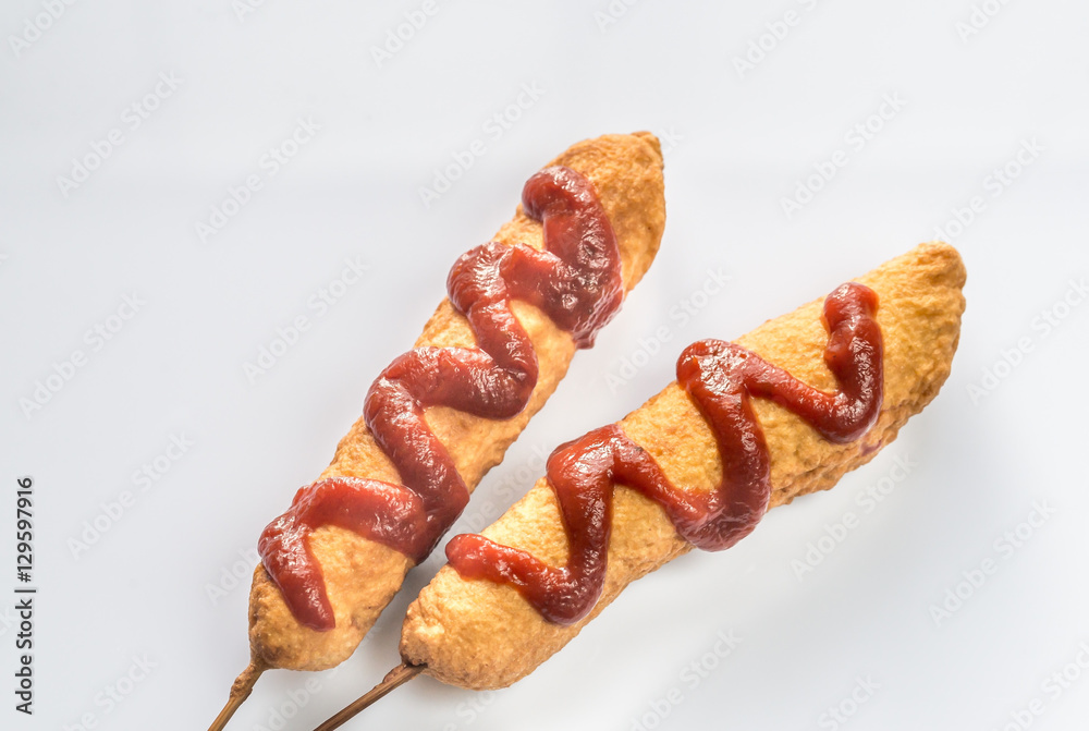 Corn dogs on the white background