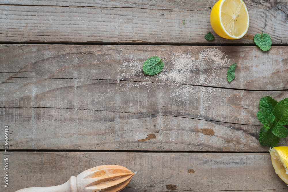 Wooden Table with Fresh Lemon and Mint Leaves - Drink Menu Background Stock  Photo | Adobe Stock
