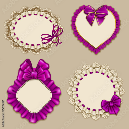 Set of elegant templates ornate frames for design luxury invitation, gift, greeting card, postcard with lace ornament, ruffles, purple bows, ribbons, place for text. Vector illustration EPS10