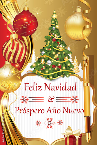 Feliz Navidad y Prospero Ano Nuevo! greeting card with Spanish  wishes for winter holiday (Merry Christmas and Happy New Year). Print colors used. Size of a custom printable card.