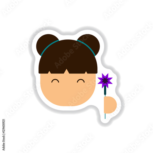Vector illustration of Chinese new year celebration in paper sticker style Chinese woman with sparkler