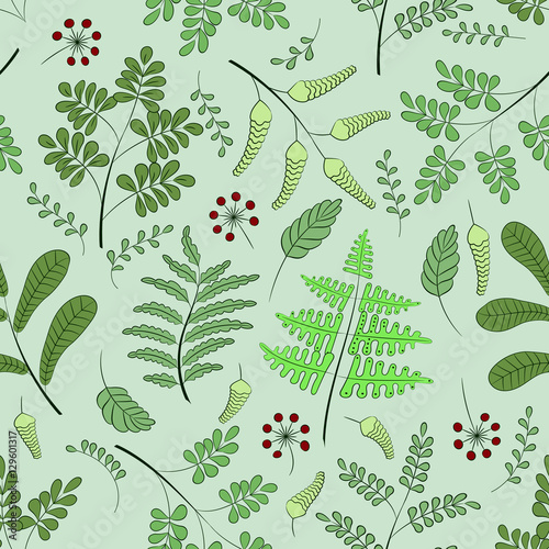 Seamless floral pattern. Illustration of twigs, leaves, berries.
