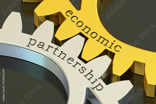 Economic Partnership concept on the gearwheels, 3D rendering