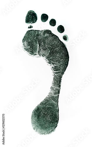 Monochromatic prints of feet on transparent paper. Green footprint. Isolated on white. photo