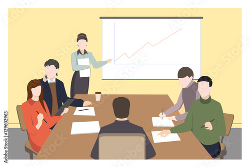 Business characters. Working people, meeting, teamwork.conference table, brainstorm. Workplace. Office life. Flat design vector illustration.
