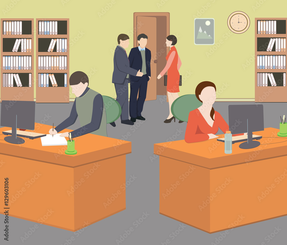 People in room. Office life. Flat style vector illustration. Situation in office. Workplace. Meeting.
People in room. Office life. Flat style vector illustration. Situation in office. Workplace. Meeting.
