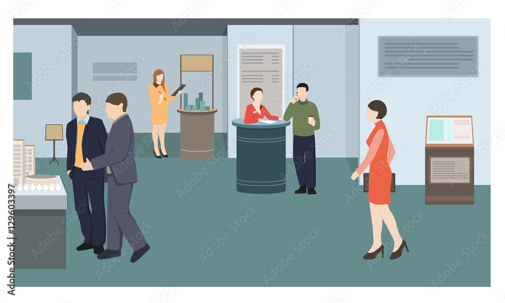 People at the exhibition business flat style vector illustration. Holding events. Presentation of business ideas in the gallery. Visitors of exhibition business. People at the exhibition business flat style vector illustration. Holding events. Presentation of business ideas in the gallery. Visitors of exhibition business.
