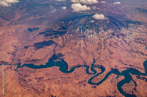 Aerial view from airplane to Colorado River in Arizona, Nevada, USA
