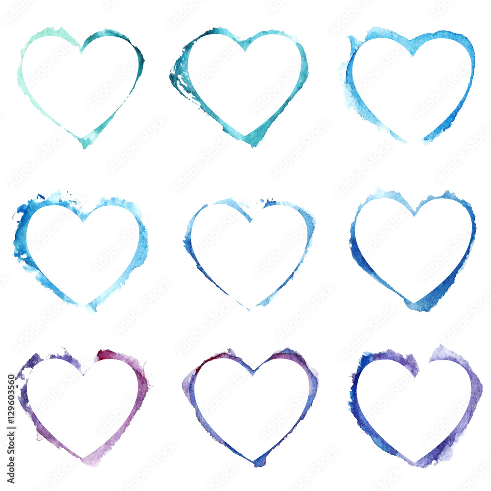 Vector Seamless pattern with blue watercolor hearts.