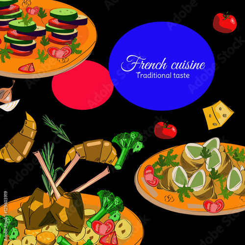 French cuisine top view frame. Food menu design. Vector drawn sketch illustration.