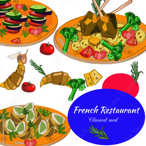 French restaurant top view frame. Food menu design. Vector drawn sketch illustration.