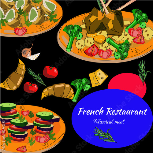 French restaurant top view frame. Food menu design. Vector drawn sketch illustration.