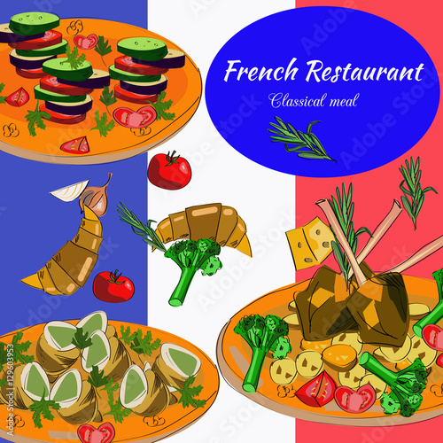 French restaurant top view frame. Food menu design. Vector drawn sketch illustration.