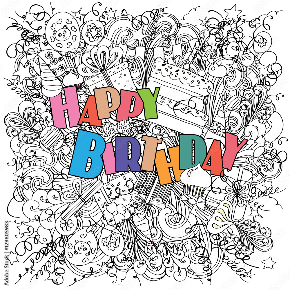 Happy Birthday doodle greeting card on white background with celebration elements.