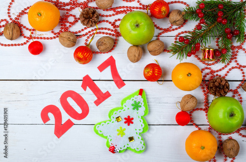 New Year decorations and the inscription on the wooden backgroun