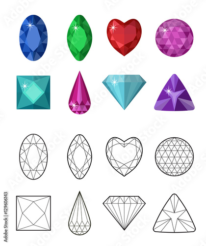 Gems and cut line set. Different facets for crystals. Jewelry collection isolated on white background. Diamonds cut. Realistic, cartoon style. Vector illustration, clip art