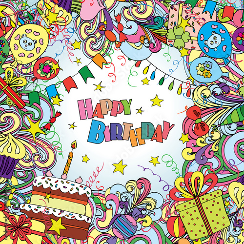 Happy Birthday doodle greeting card on background with celebration elements.