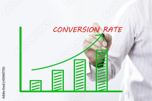 Принти на полотні "CONVERSION RATE" text with hand of young businessman point on v