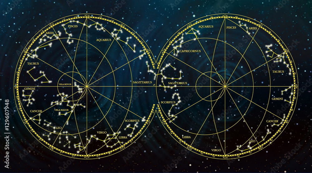 sky map depicting constellations and zodiac signs.