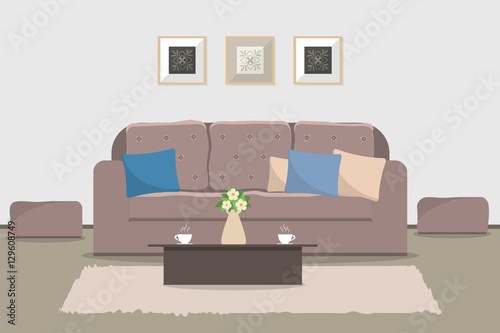 Living room in cocoa color. There is a sofa, a two chairs, table, pictures on the wall. Vector flat illustration