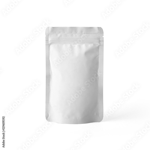 Blank white matte plastic paper pouch bag isolated on white background. Packaging template mockup collection. With clipping Path included. photo