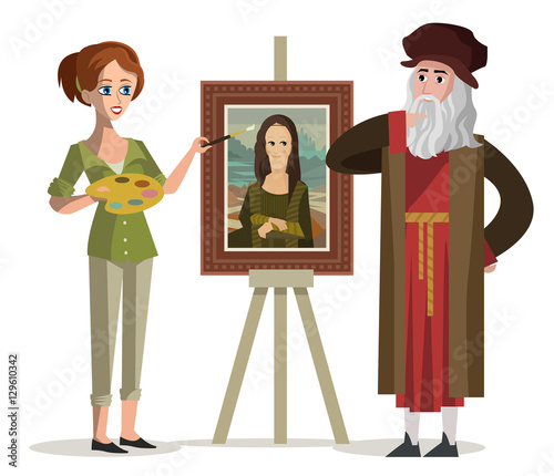 woman painting a mona lisa with da vinci 