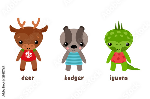 Cartoon iguana and deer, badger animal