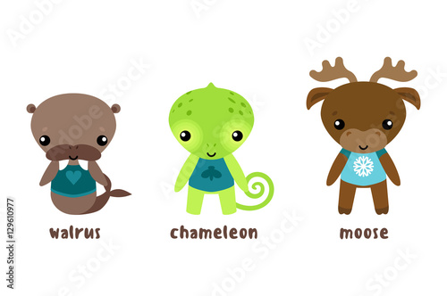 Animal moose and cartoon chameleon, walrus