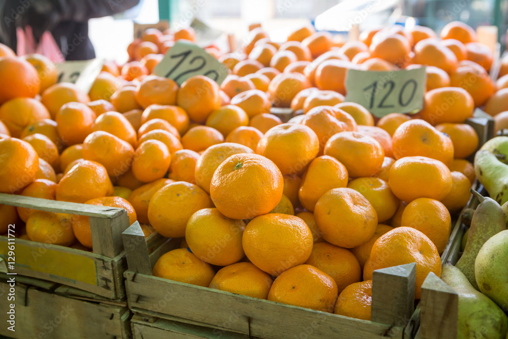closeup view on mandarins on the market