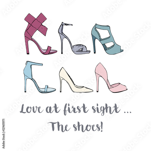 Six pairs of colored vector women's shoes with high heels