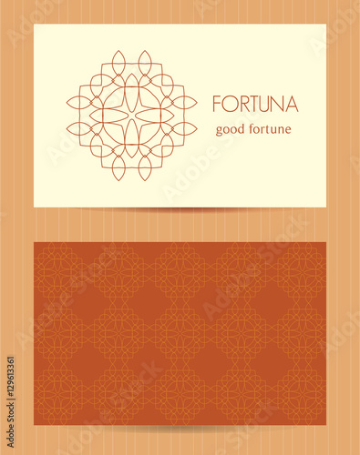 Two sided business card . Ornamental design template with front and back side, logo and decorative pattern. Vector illustration