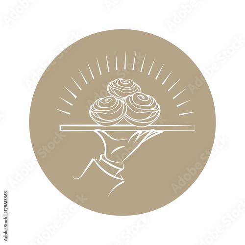 stylized drawing of hands with  beaming waiter roll on the tray