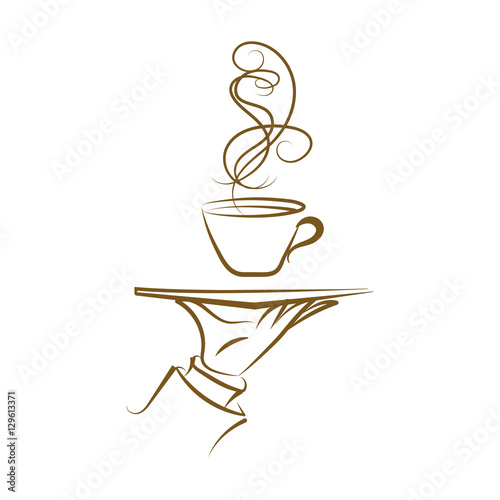 stylized drawing of hands with  beaming waiter roll on the tray