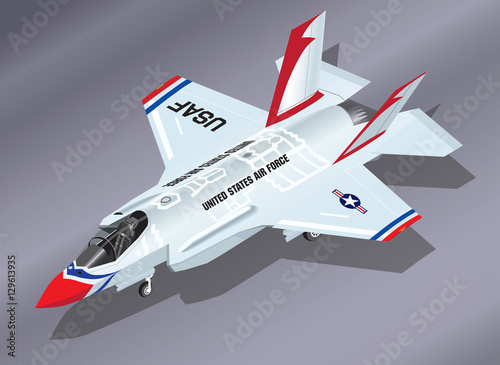 Detailed Isometric Vector Illustration of a parked F-35 Lightning II Fighter Jet in Thunderbirds Aerobatic Team Paint Scheme