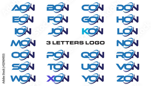 3 letters modern generic swoosh logo AON, BON, CON, DON, EON, FON, GON, HON, ION, JON, KON, LON, MON, NON, OON, PON, QON, RON, SON, TON, UON, VON, WON, XON, YON, ZON, 
