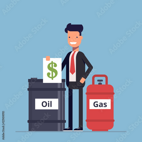 Businessman or manager sells a barrel of oil and gas. Business extraction natural resources. Global Currency. Black Gold. Vector, illustration EPS10.