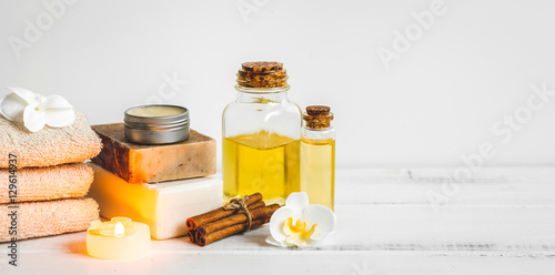 Preparation for spa treatments on white background