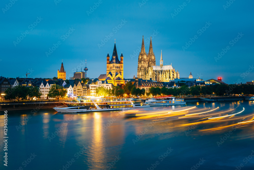 Great St. Martin Church And Dom In Cologne At Evening With Reflection In River Rhine