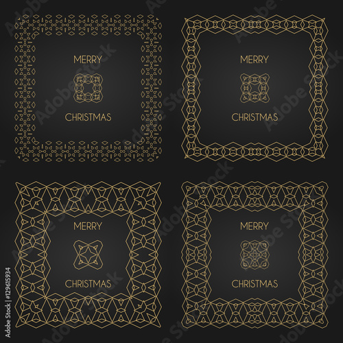 Golden decorative frames set. Vector design templates. Creative intricate borders. Merry christmas text.
