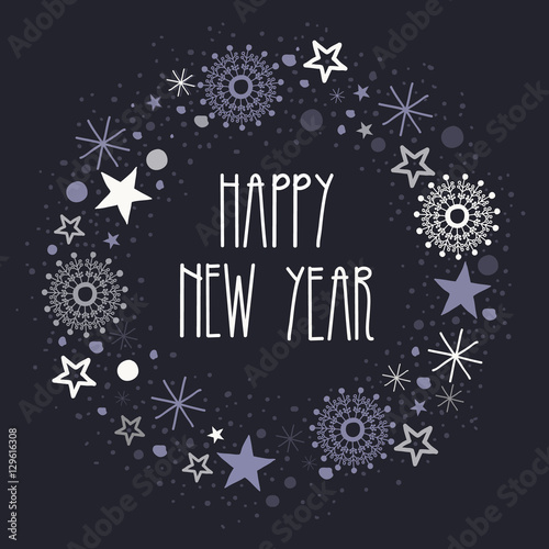 Hand Drawn New Year Round Frame with Snowflakes and Stars.