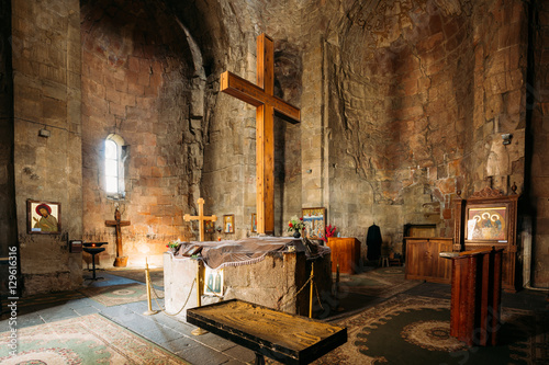 Mtskheta Georgia. Big Wooden Cross In Interior Of Jvari Church, 