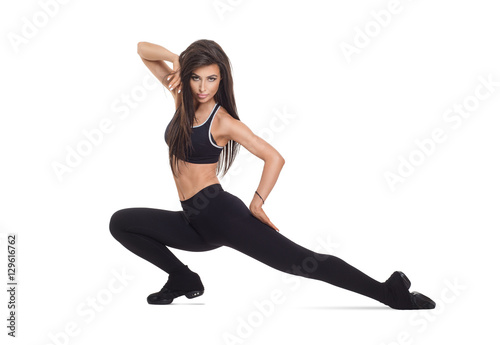 Beautiful woman doing fitness exercises, streching
