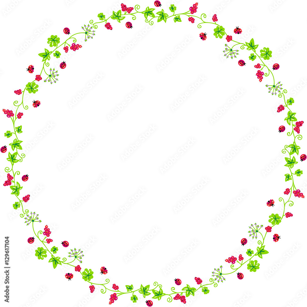 Decorative circle frame with branches and ladybirds
